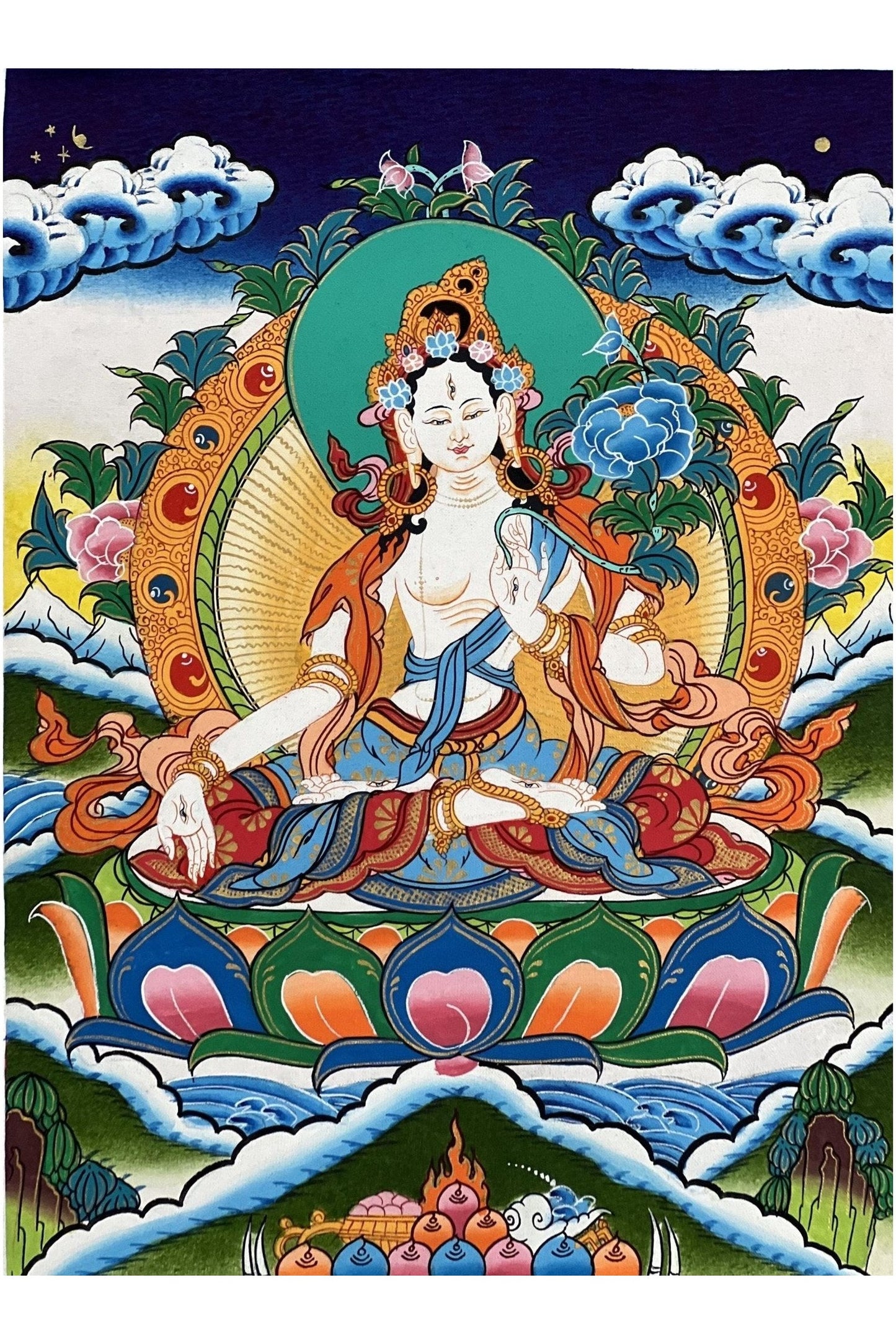 White Tara/Sitatara Goddess of Compassion Tibetan Thangka Painting/ Original Hand - Painted Buddhist Art with High - Quality Silk Brocade - Tibetan Thangka Art