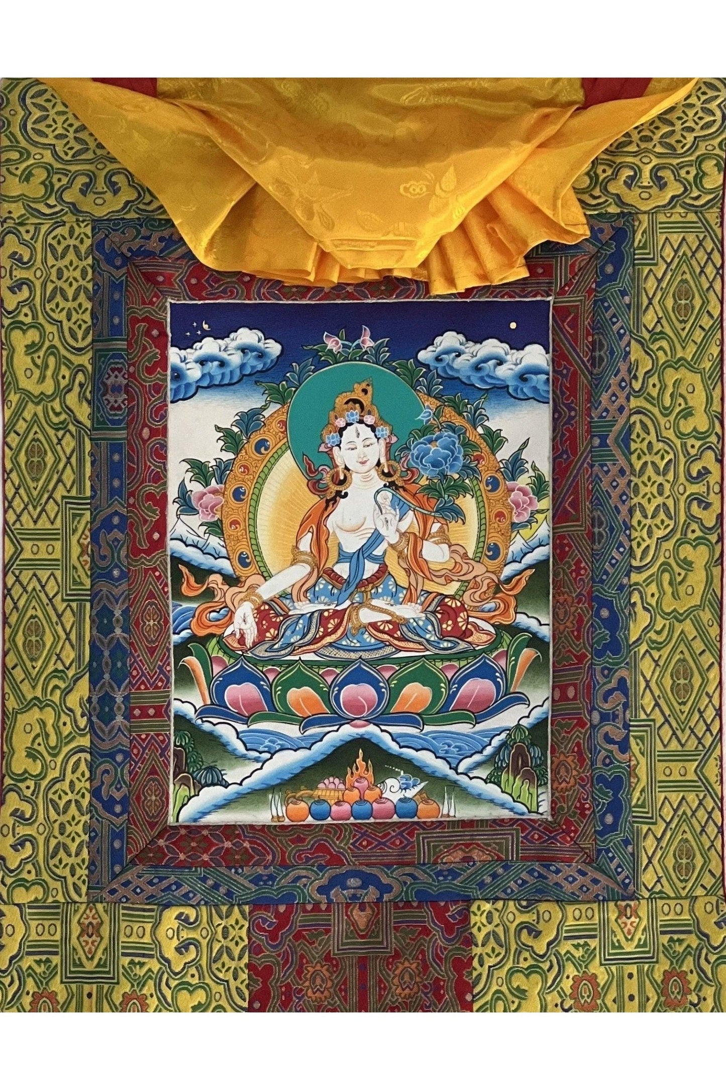 White Tara/Sitatara Goddess of Compassion Tibetan Thangka Painting/ Original Hand - Painted Buddhist Art with High - Quality Silk Brocade - Tibetan Thangka Art