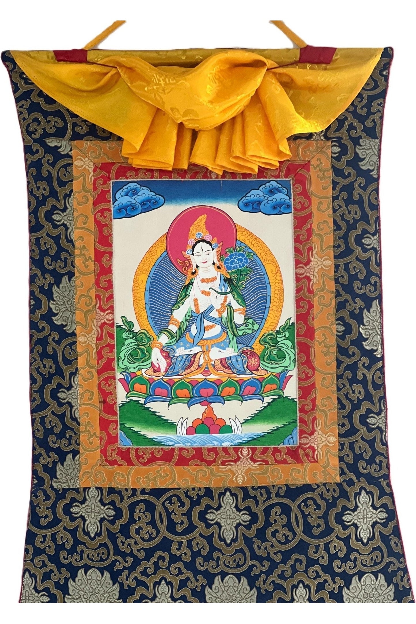 White Tara/Sitatara/ Mother Goddess/ Hand - Painted Original Master quality Tibetan Thangka Painting/ Buddhist Art with Silk Border - Tibetan Thangka Art