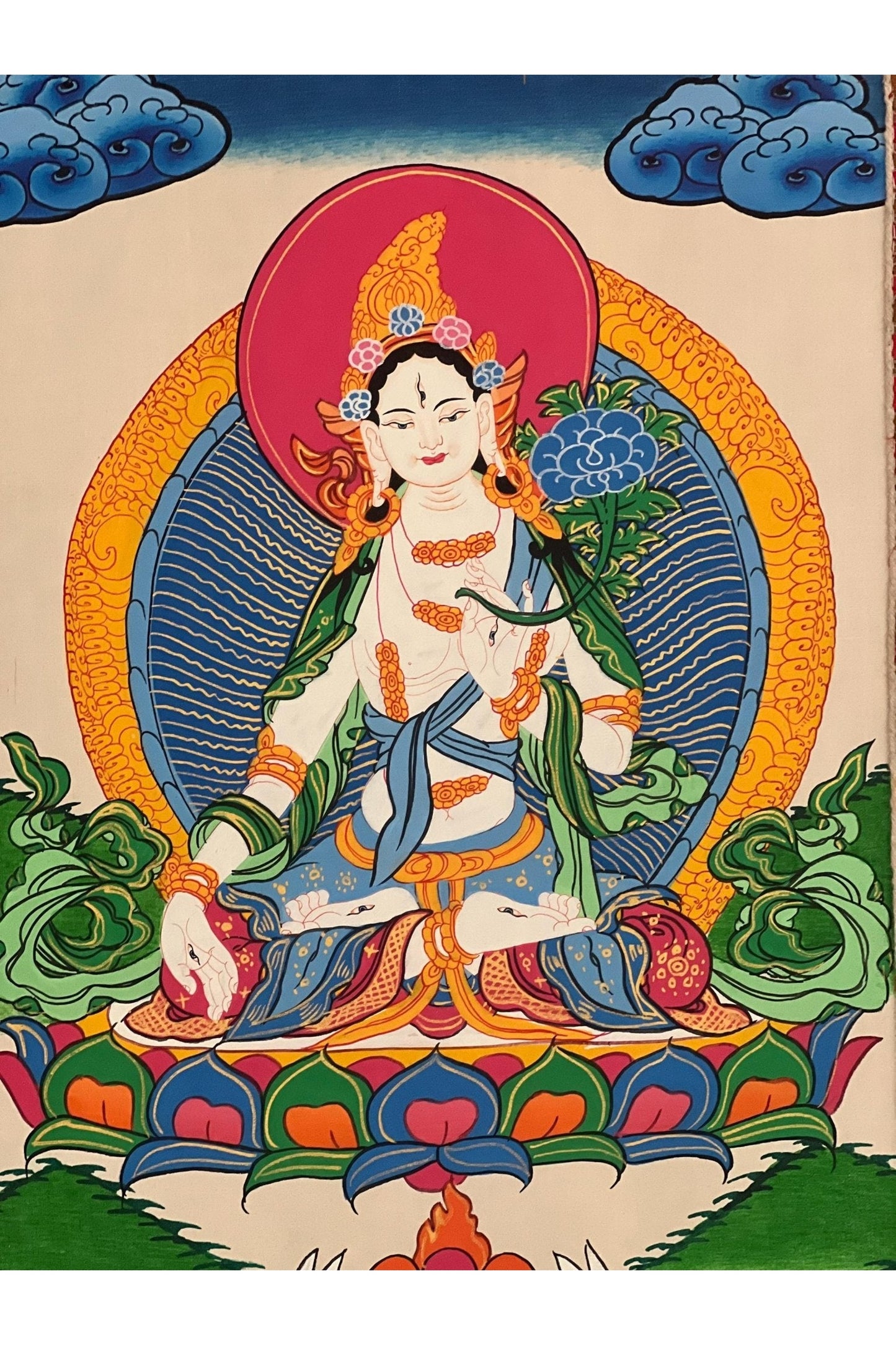 White Tara/Sitatara/ Mother Goddess/ Hand - Painted Original Master quality Tibetan Thangka Painting/ Buddhist Art with Silk Border - Tibetan Thangka Art