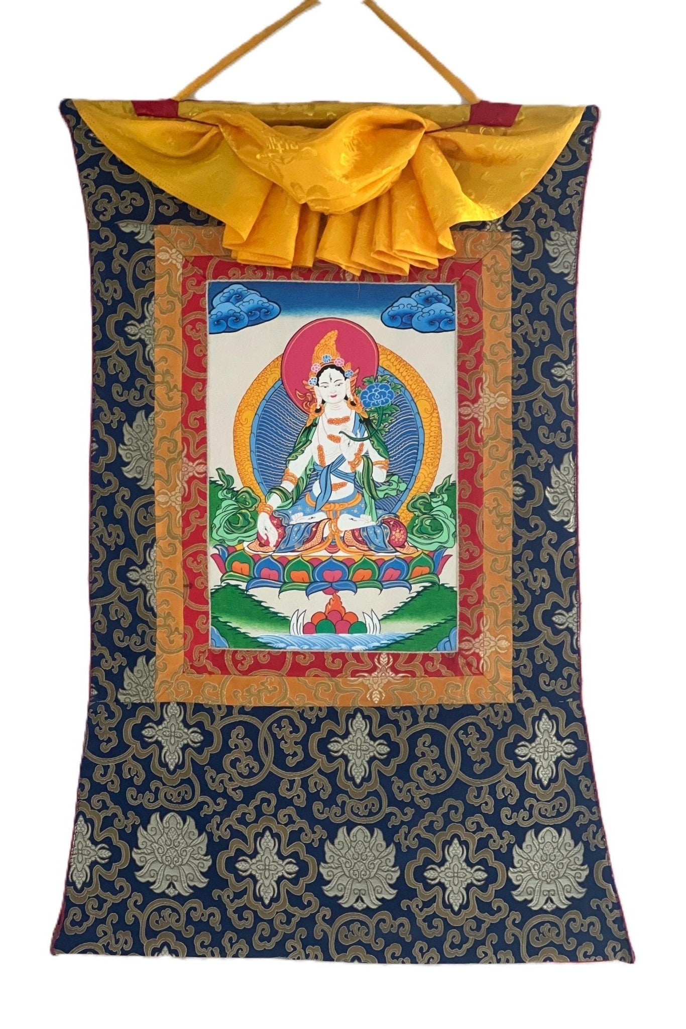 White Tara/Sitatara/ Mother Goddess/ Hand - Painted Original Master quality Tibetan Thangka Painting/ Buddhist Art with Silk Border - Tibetan Thangka Art