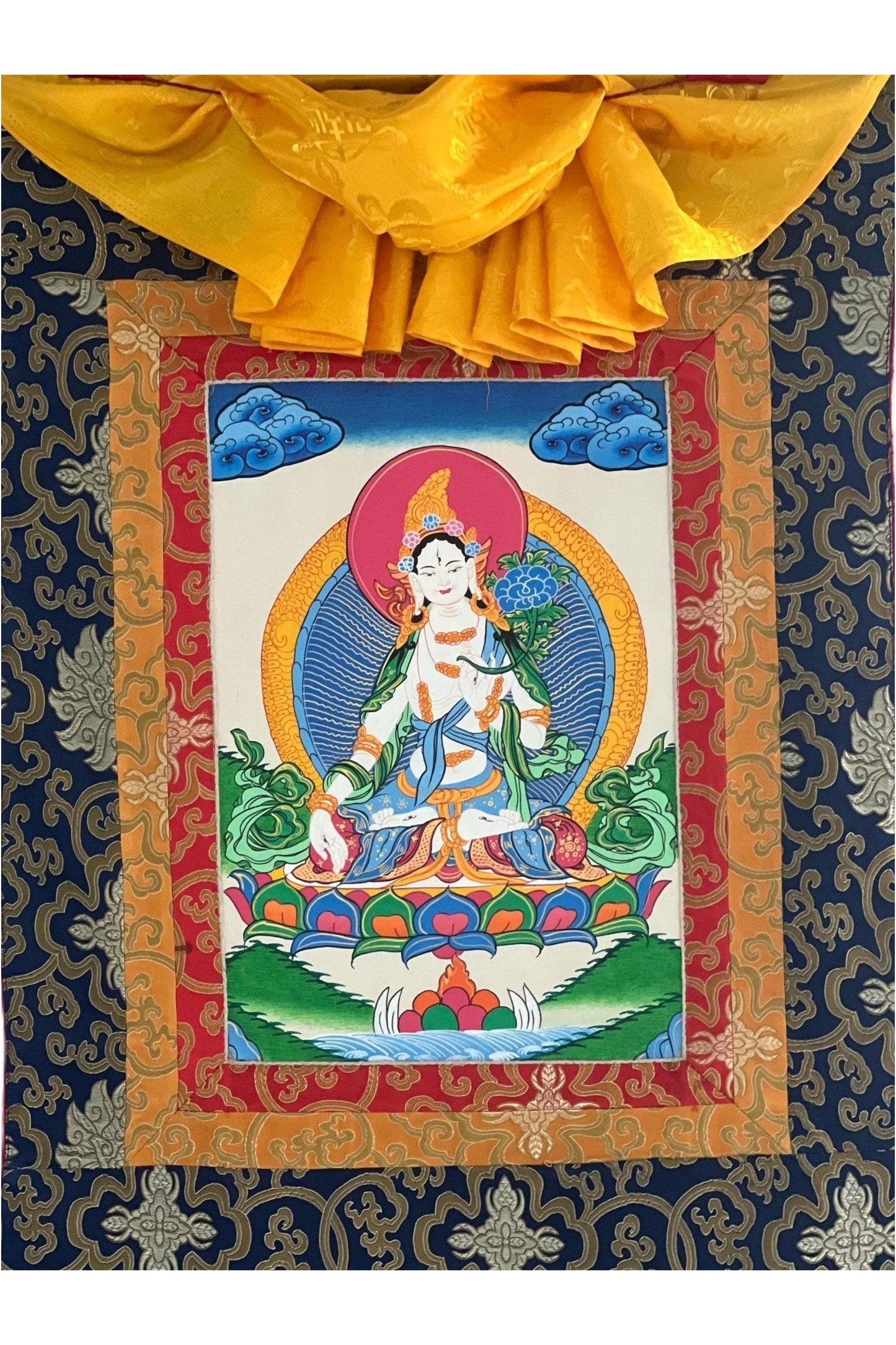 White Tara/Sitatara/ Mother Goddess/ Hand - Painted Original Master quality Tibetan Thangka Painting/ Buddhist Art with Silk Border - Tibetan Thangka Art