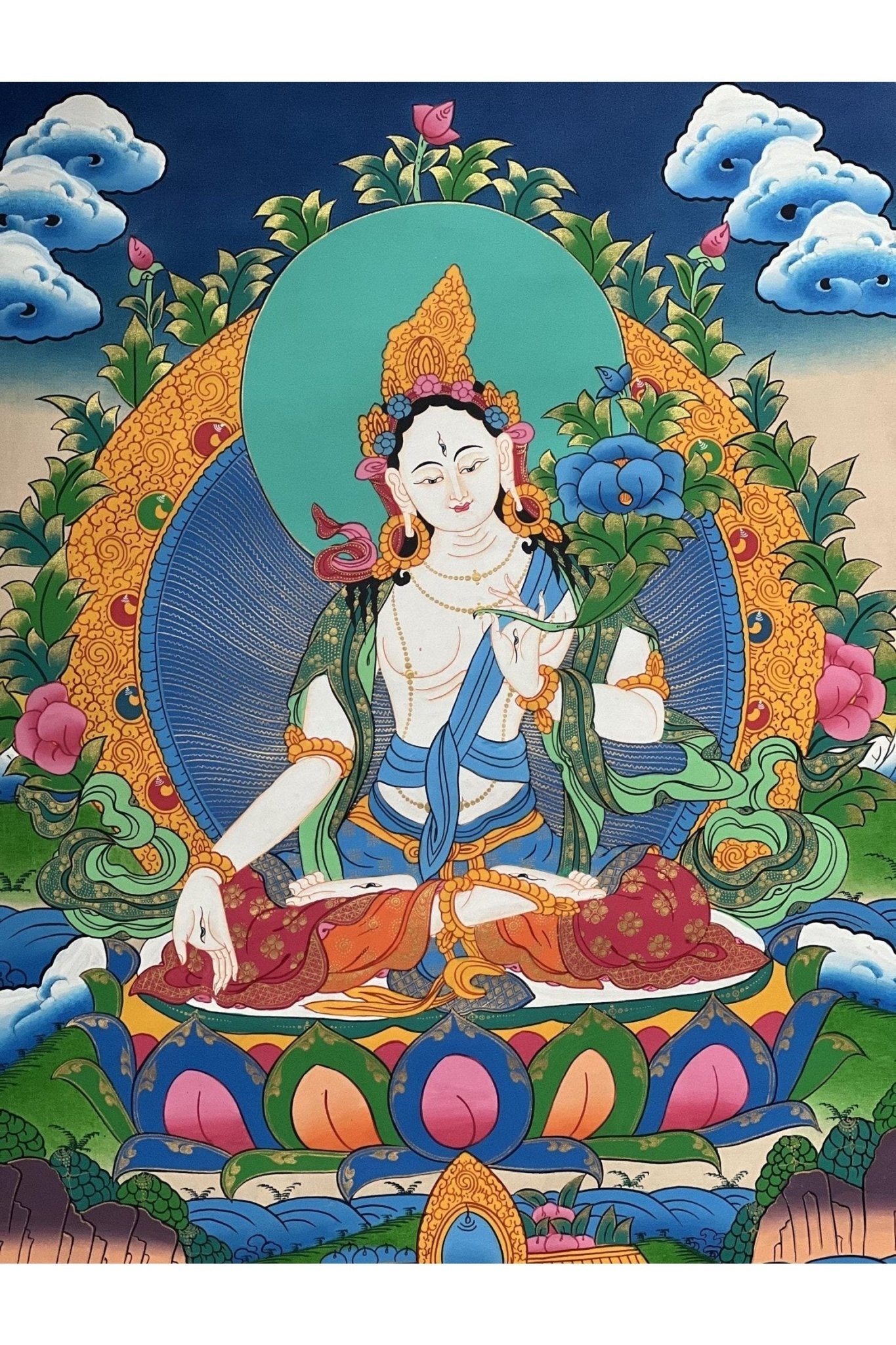 White Tara/Sitatara Mother Goddess Master Quality Large Tibetan Thangka Original Hand - Painting Compassion Meditation Art - Tibetan Thangka Art