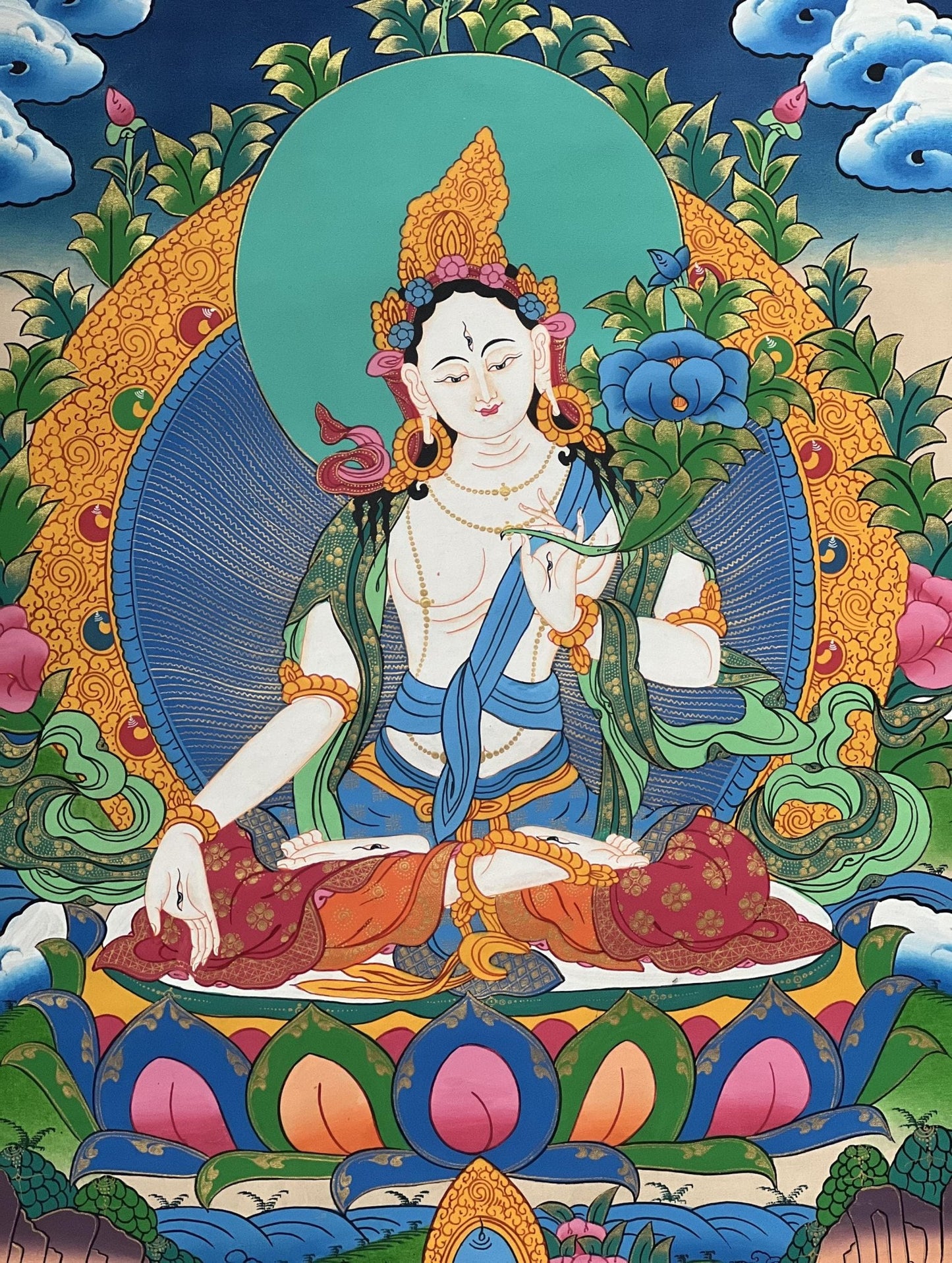 White Tara/Sitatara Mother Goddess Master Quality Large Tibetan Thangka Original Hand - Painting Compassion Meditation Art - Tibetan Thangka Art