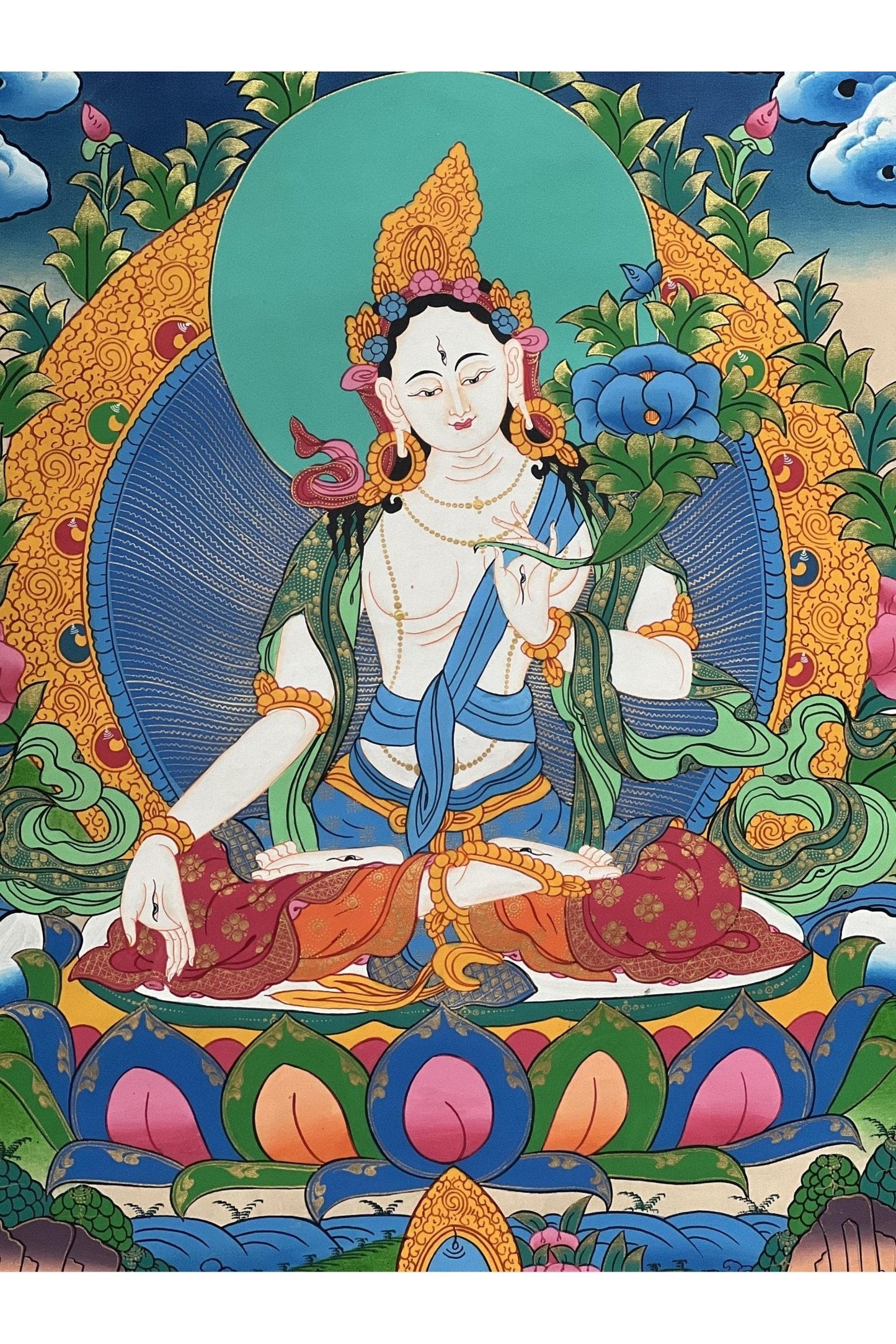 White Tara/Sitatara Mother Goddess Master Quality Large Tibetan Thangka Original Hand - Painting Compassion Meditation Art - Tibetan Thangka Art