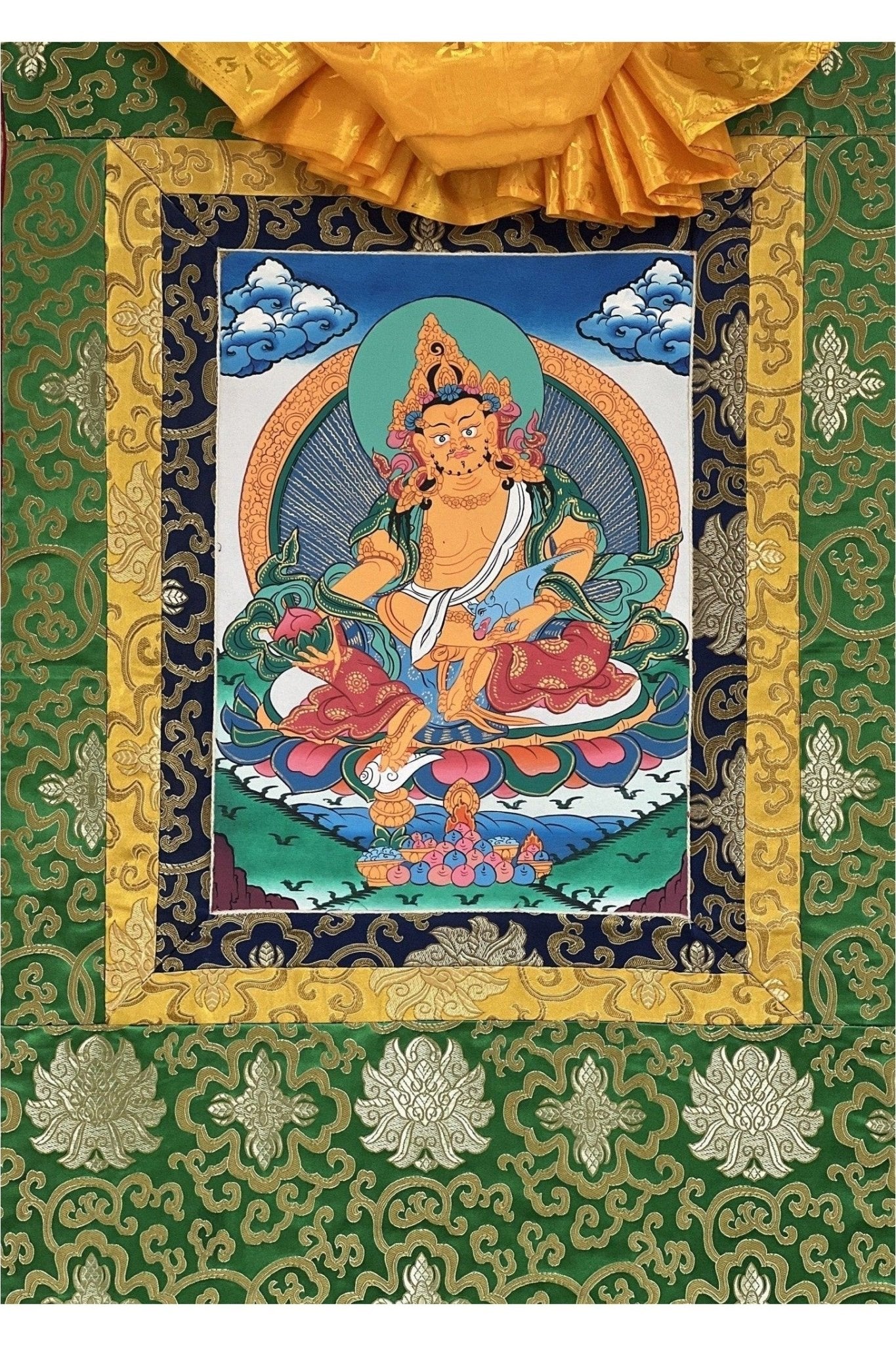 Yellow Jambhala/ Zambala/Kuber God of Wealth Tibetan Thangka Painting/ Original Buddhist Meditation Art with Silk Border - Tibetan Thangka Art