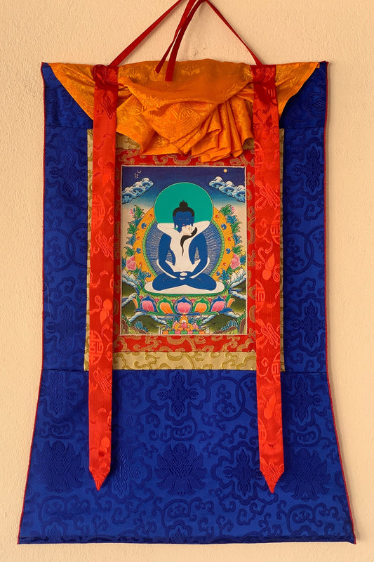 Buddha Shakti, Samantabhadra Bodhisattva, Tibetan Thangka Painting, Original Art  with Silk Frame ( Brocade)
