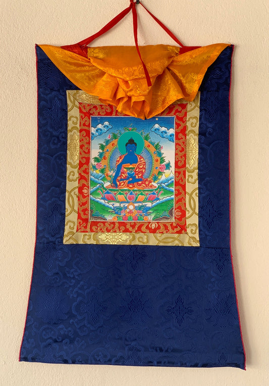 Bhaisajyaguru, Medicine Buddha, Tibetan Thangka Painting, Original Art  with Silk Frame ( Brocade)