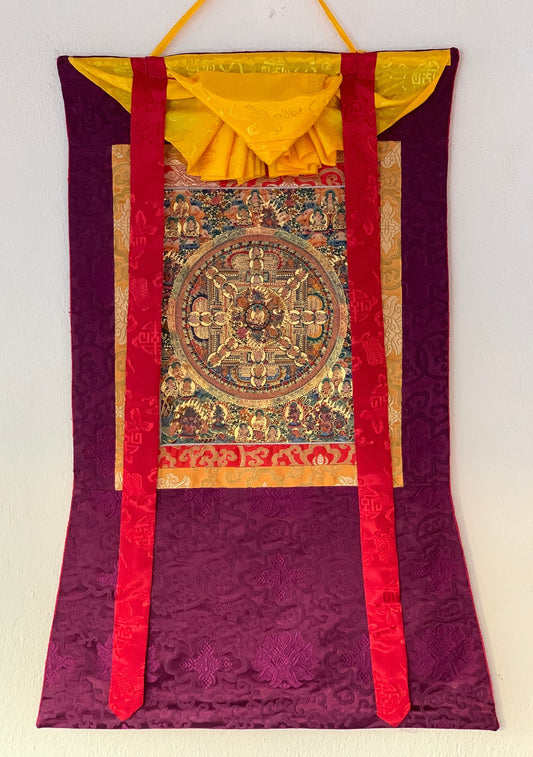 Buddha Life,  Wheel of Life, Bhavacakra, Mandala, Thangka Painting, Original Art   with Silk Brocade