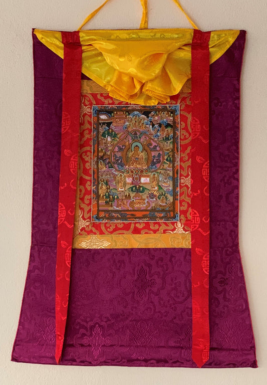 Wheel of Life, Bhavacakra, Buddha Life,  Mandala, Thangka Painting, Original Art   with Silk Brocade