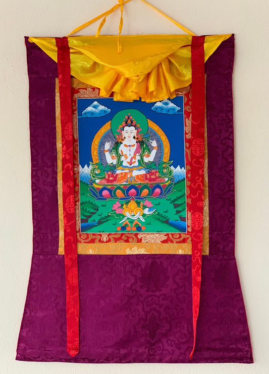 Chyangresi/Chenrezig/ Avalokiteshvara, Bodhisattva of Compassion, Original Tibetan Thangka/ Thanka Art/ Hand Painting with Silk Brocade