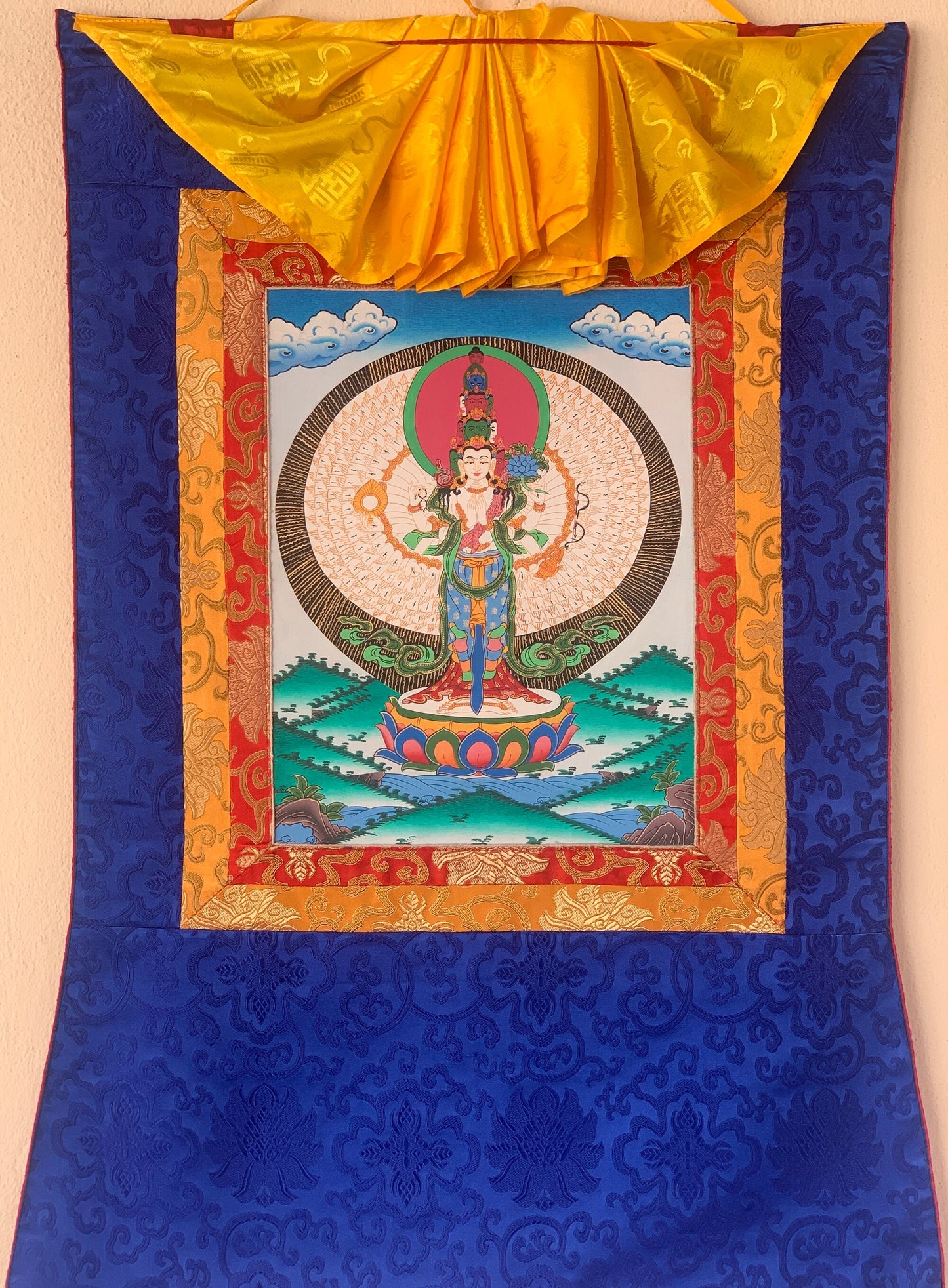 1000 Armed Avalokitesvara, Chyangresi, Chenrezig, Tibetan Thangka Painting, Original Art, with Silk Frame