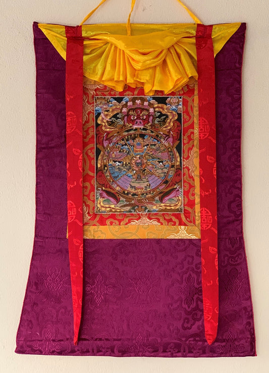 Riduk, Wheel of Life, Bhavacakra, Kalachakra Mandala, Thangka Painting, Original Art  with Silk Brocade