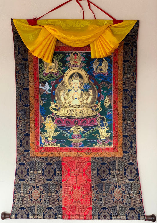 Chyangresi, Chenrezig, Avalokiteshvara, Bodhisattva, Thangka Painting, Original Art with Premium Silk Brocade