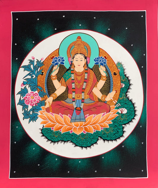 Goddess Laxmi, Asta Laxmi, Mahalaxmi, Thangka Painting, Original Hinudu Buddhist Art, 11 x 14- Inch