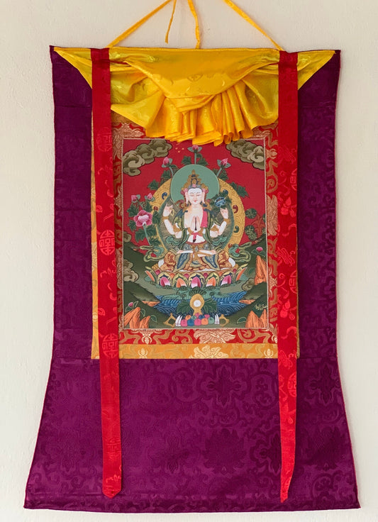 Chyangresi, Chenrezig, Avalokiteshvara, Bodhisattva, Thangka Painting, Original Art with Silk Brocade