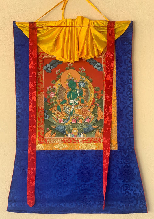 Green  Tara, Shyamatara, Goddess of Compassion, Thangka Painting, Original Art  with Silk Frame