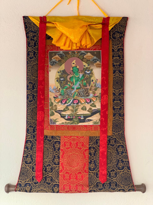 Green  Tara, Shyamatara, Goddess of Compassion, Thangka Painting, Original Art with Premium Silk Frame