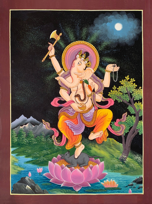 Hindu God Ganesha, Ganesh, Ganapati, Vinayaka, Newari Pauba, Thangka Painting, Original Art 13 x 16-Inches
