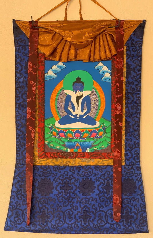 Buddha Shakti, Samantabhadra, Tibetan Thangka Painting, Original Art with Silk Frame ( Brocade)