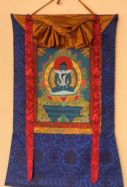 Buddha Shakti, Samantabhadra, Tibetan Thangka Painting, Original Art, with Silk Brocade (Frame)