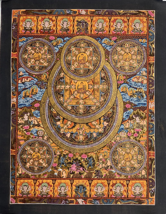 Pancha (Five)  Buddha/ Big Circle Mandala Tibetan Thangka Painting, Original Sacred Meditation Art
