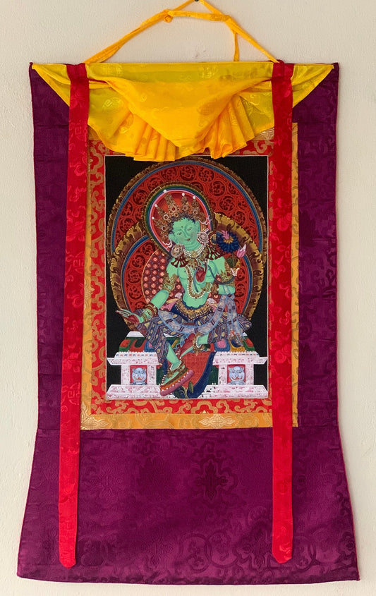 Green  Tara/ Shyamatara/ Newari Pauba, Thangka Painting, Original Art with Silk Frame