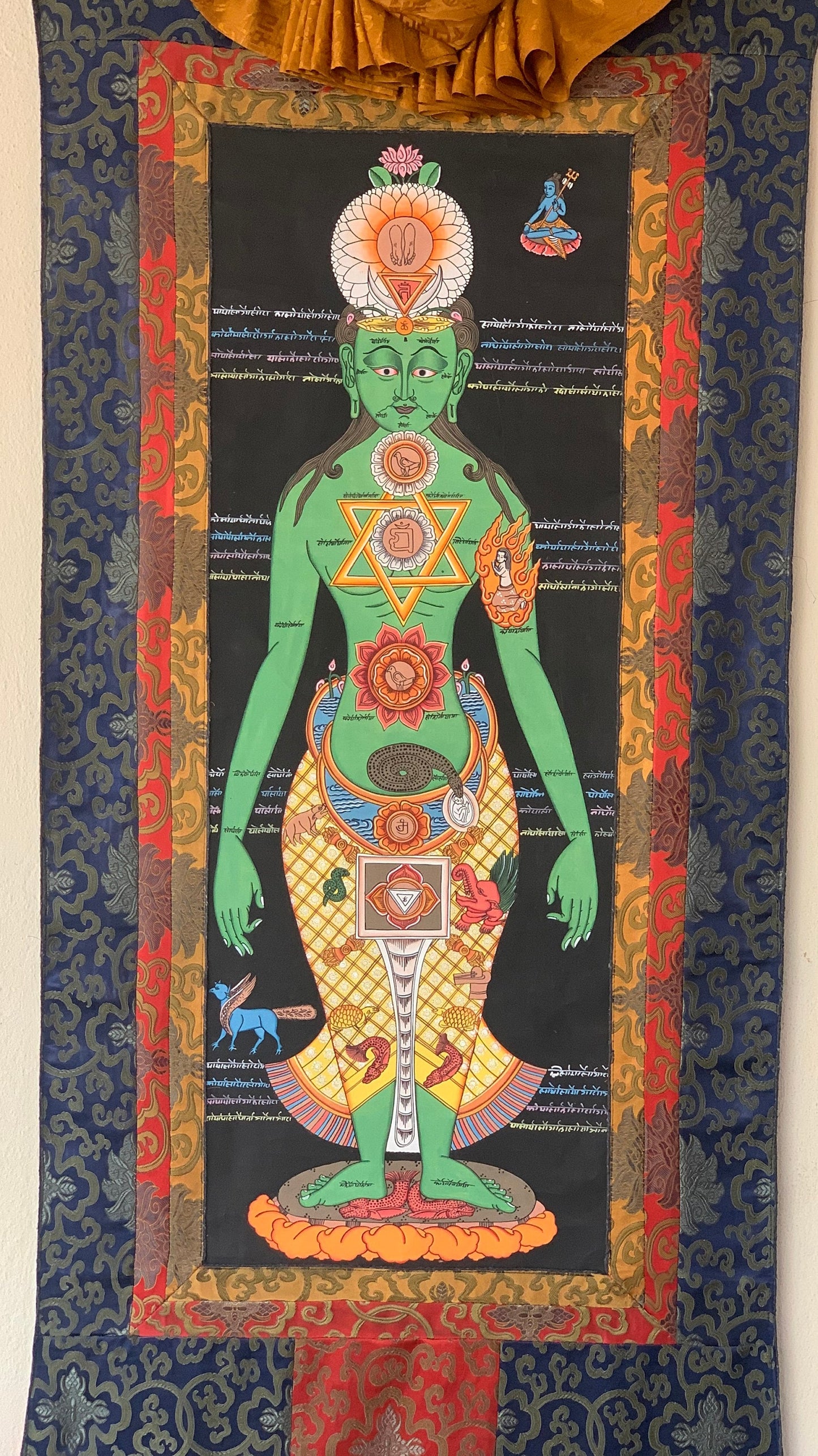7 Chakras, Kundalini Energy, Kundalini Yoga, Thangka Painting, Original Art with  Silk Brocade