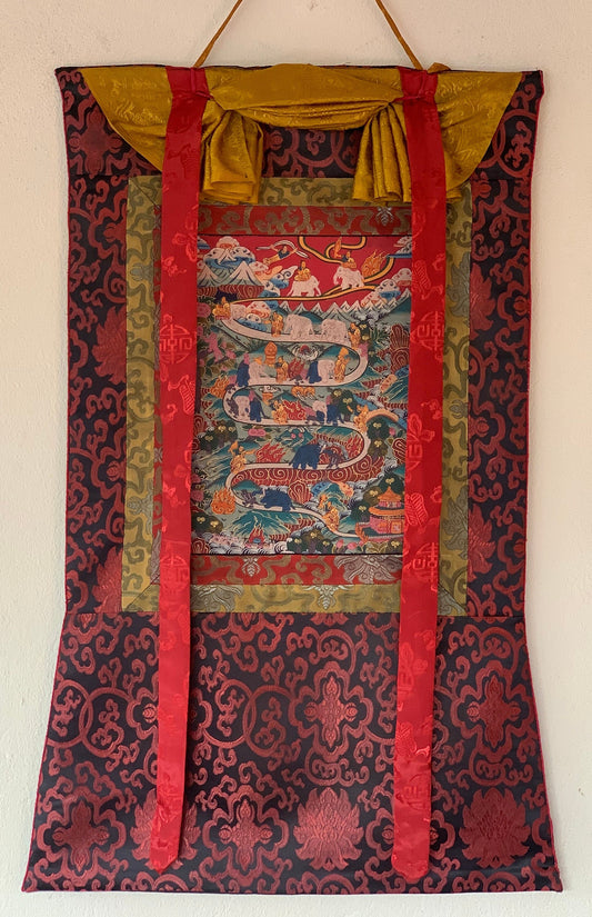 Elephant Path Samatha Meditation Way to Heaven/Nirvana Tibetan Thangka Painting Original Art with Silk Brocade