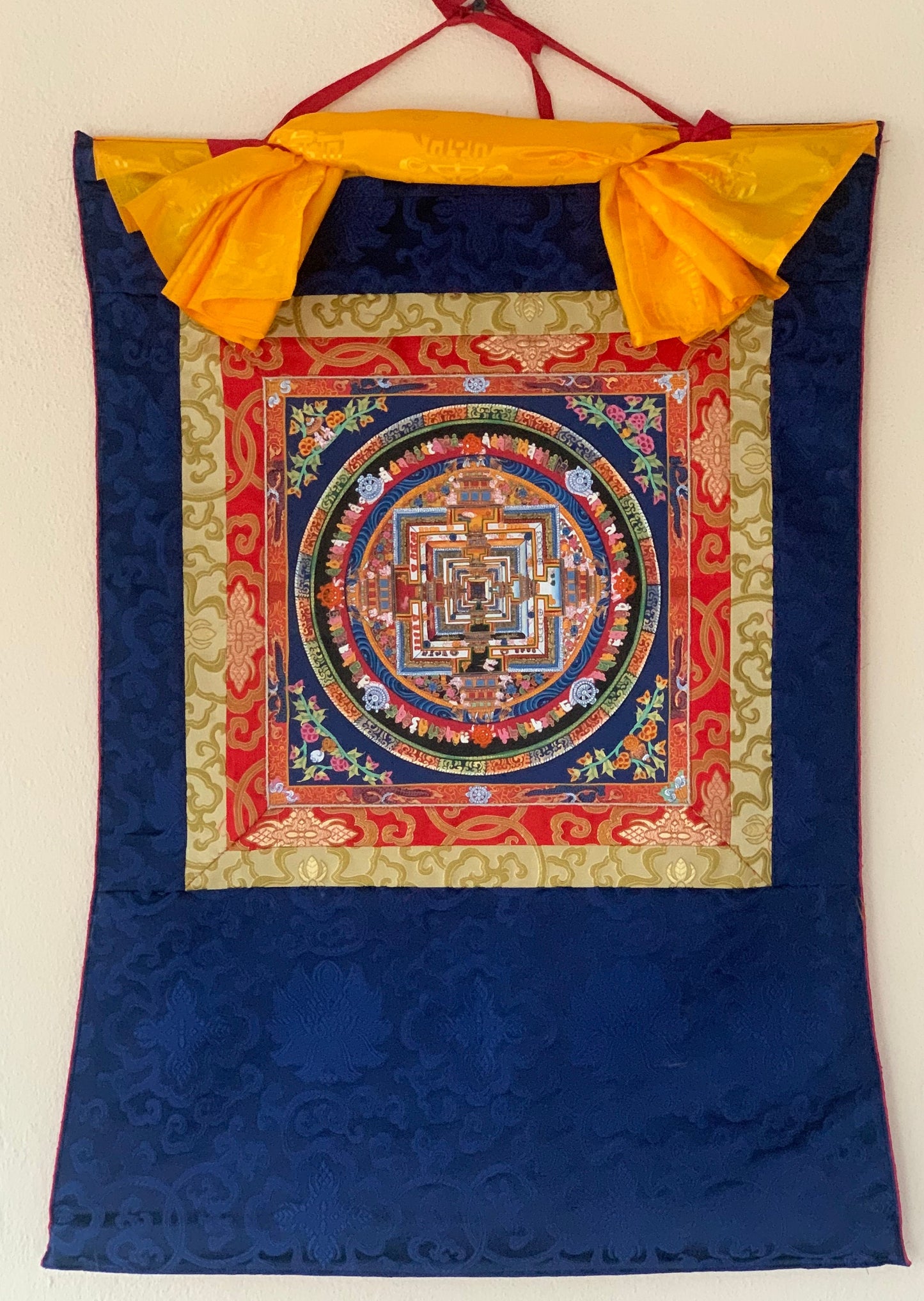 Wheel of Life, Kalachakra Mandala, Tibetan Thangka Painting, Original Art with Silk Brocade