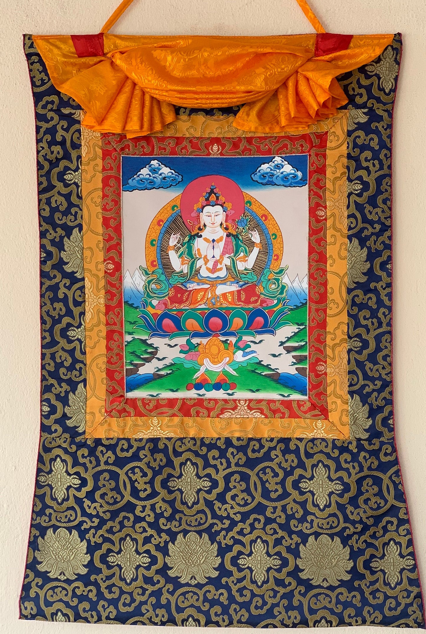 Avalokiteshvara, Lokeswor, Chyangresi, Chenrezig,  Thangka Painting with Silk Brocade