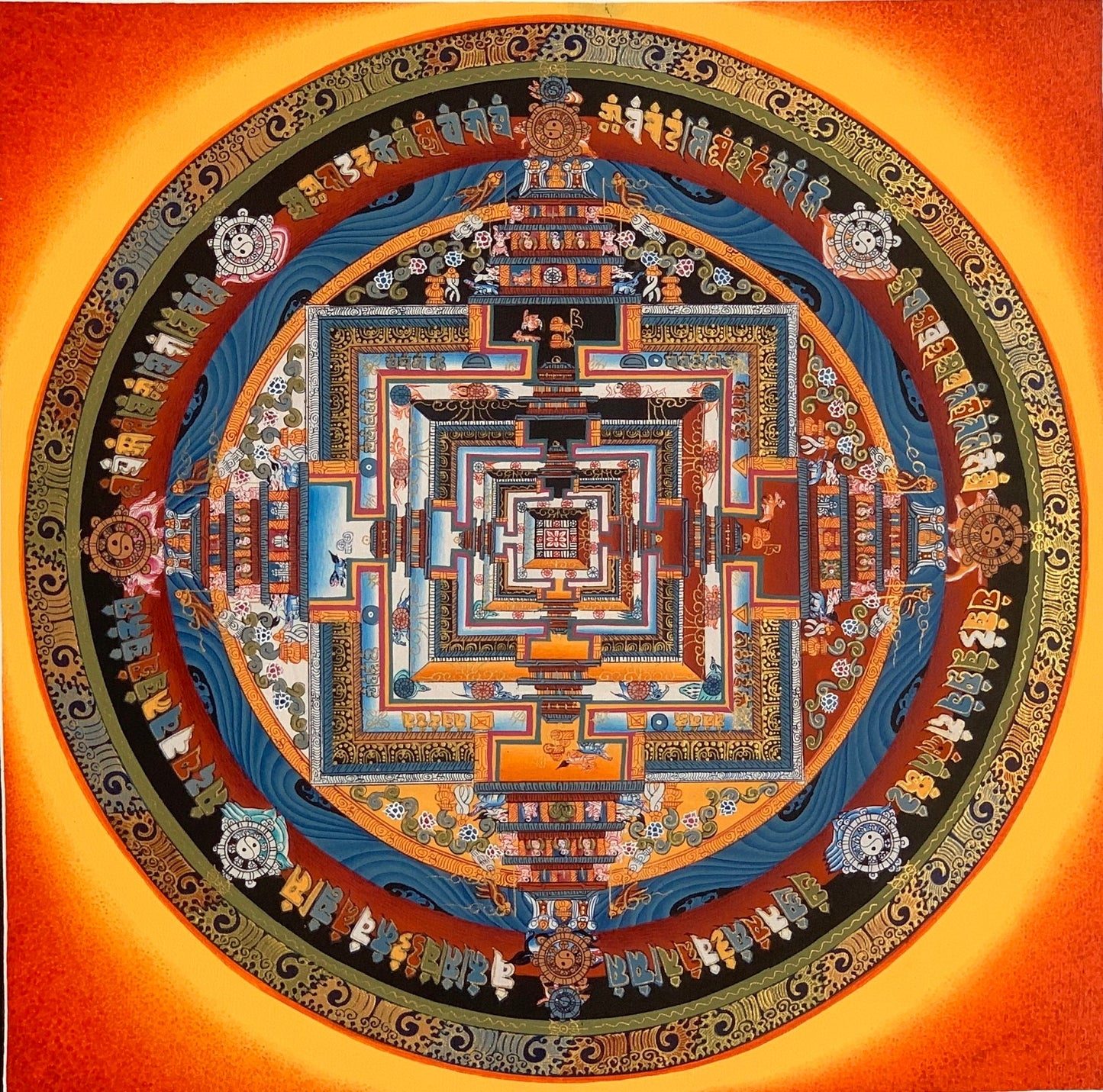 Wheel of Life, Kalachakra Mandala, Tibetan Thangka Painting, Original Art 13 x 13 Inch