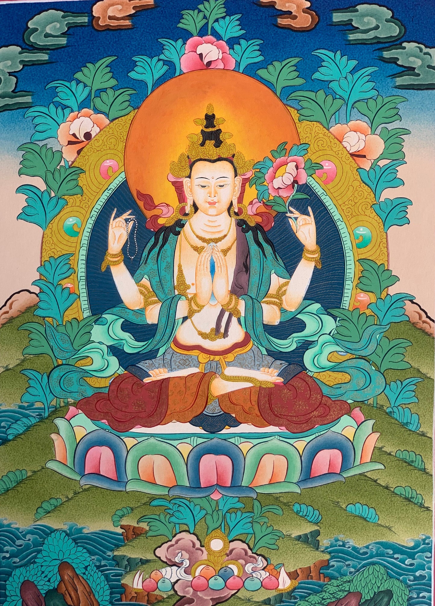 Avalokiteshvara Chyangresi Chenrezig Bodhisattva of Compassion Master Quality Original Tibetan Thangka Painting  with Premium Silk Brocade