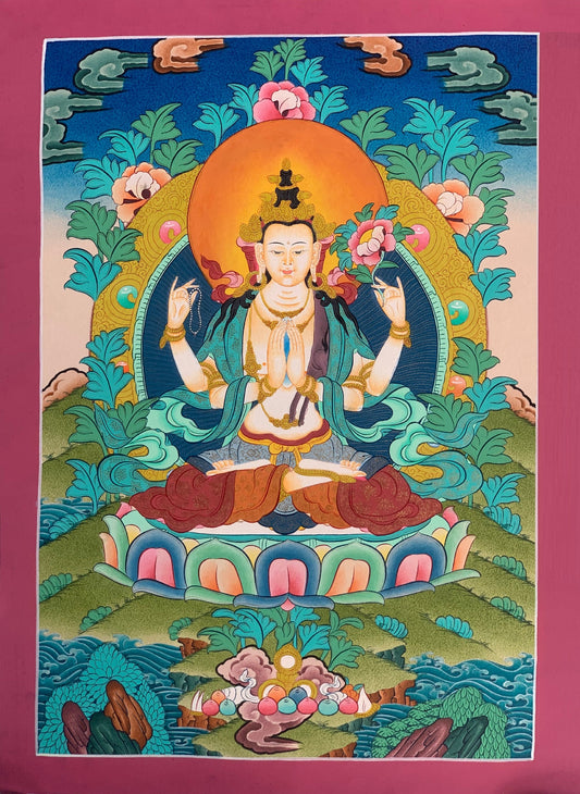 Avalokiteshvara/Chyangresi/ Chenrezig Master Quality Tibetan Thangka Painting Original Meditation Art 14 x 20 Inch