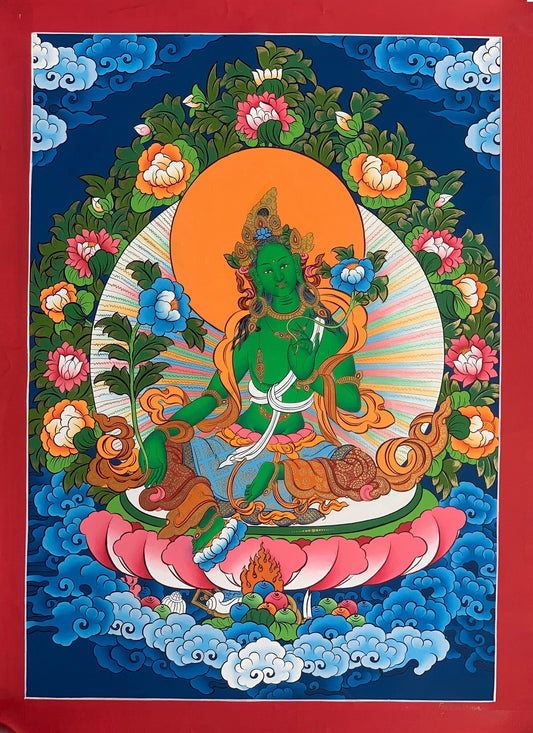 Green  Tara, Shyamatara,  Mother Goddess, Lama Blessed, Thangka Painting, Original Art 17 x 24 Inch