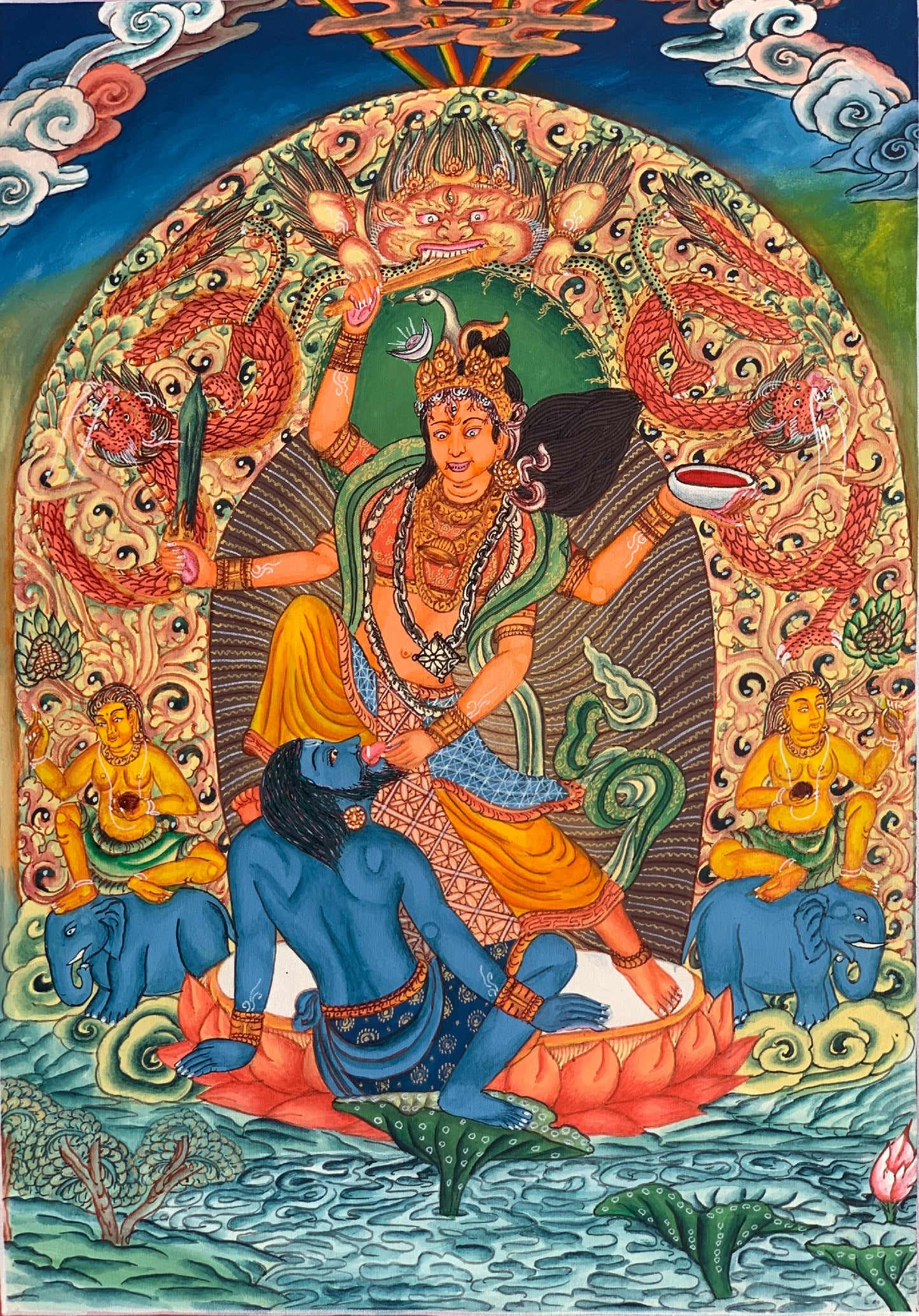 Goddess Durga, Jagdamba, Navadurga, Newari Pauba, Thangka Painting, Original Art  12 x 16 Inch
