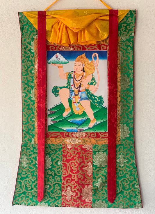 Hanumana/Hanuman/ Vajrangavali/ Monkey God Original Thangka Painting, with Silk Frame ( Brocade)