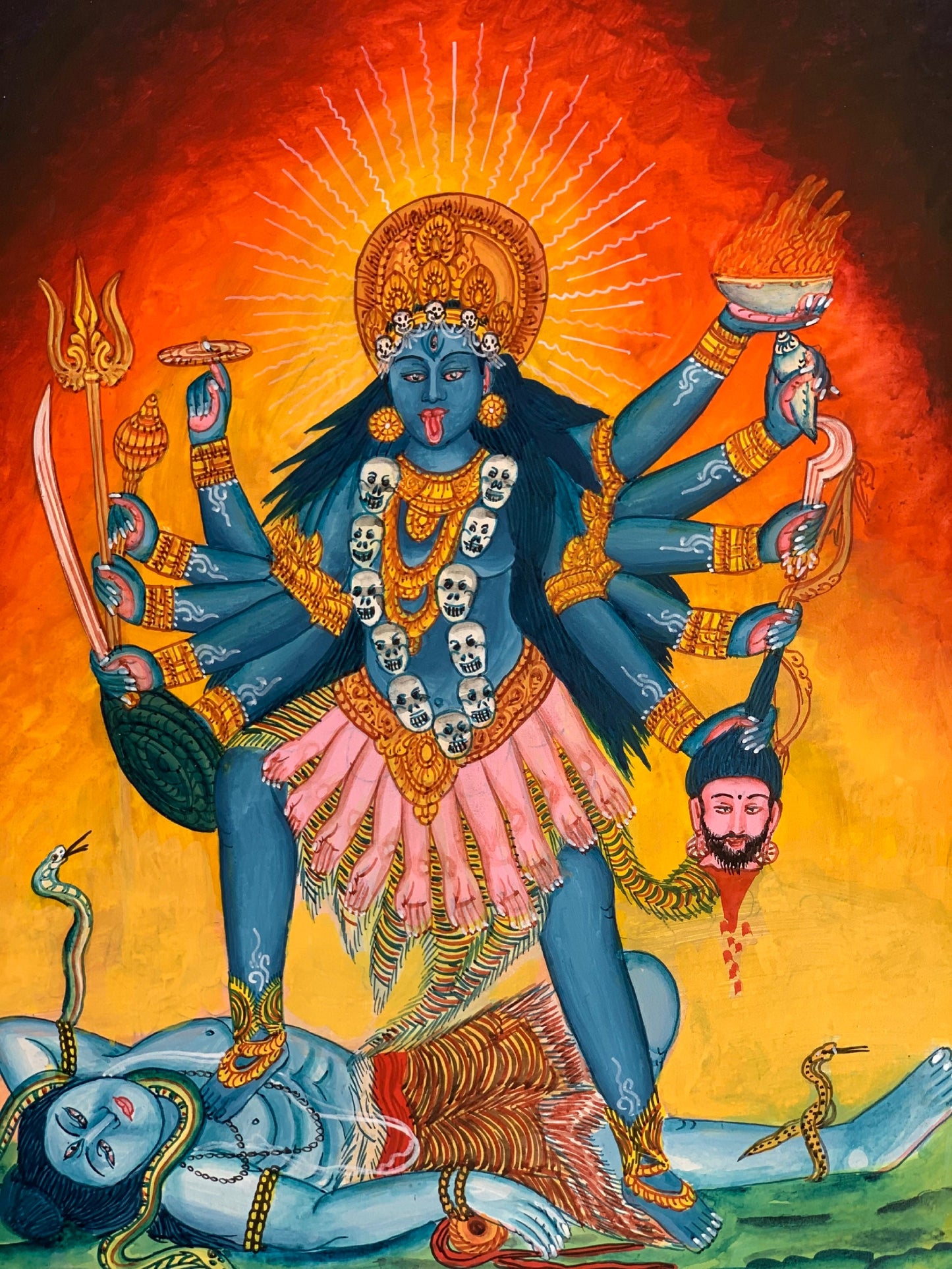 Goddess Kali, Mahakali, Mother of Universal Power, Newari Pauba, Pauva, Thangka Painting, Original Art 12 x 17 -Inch