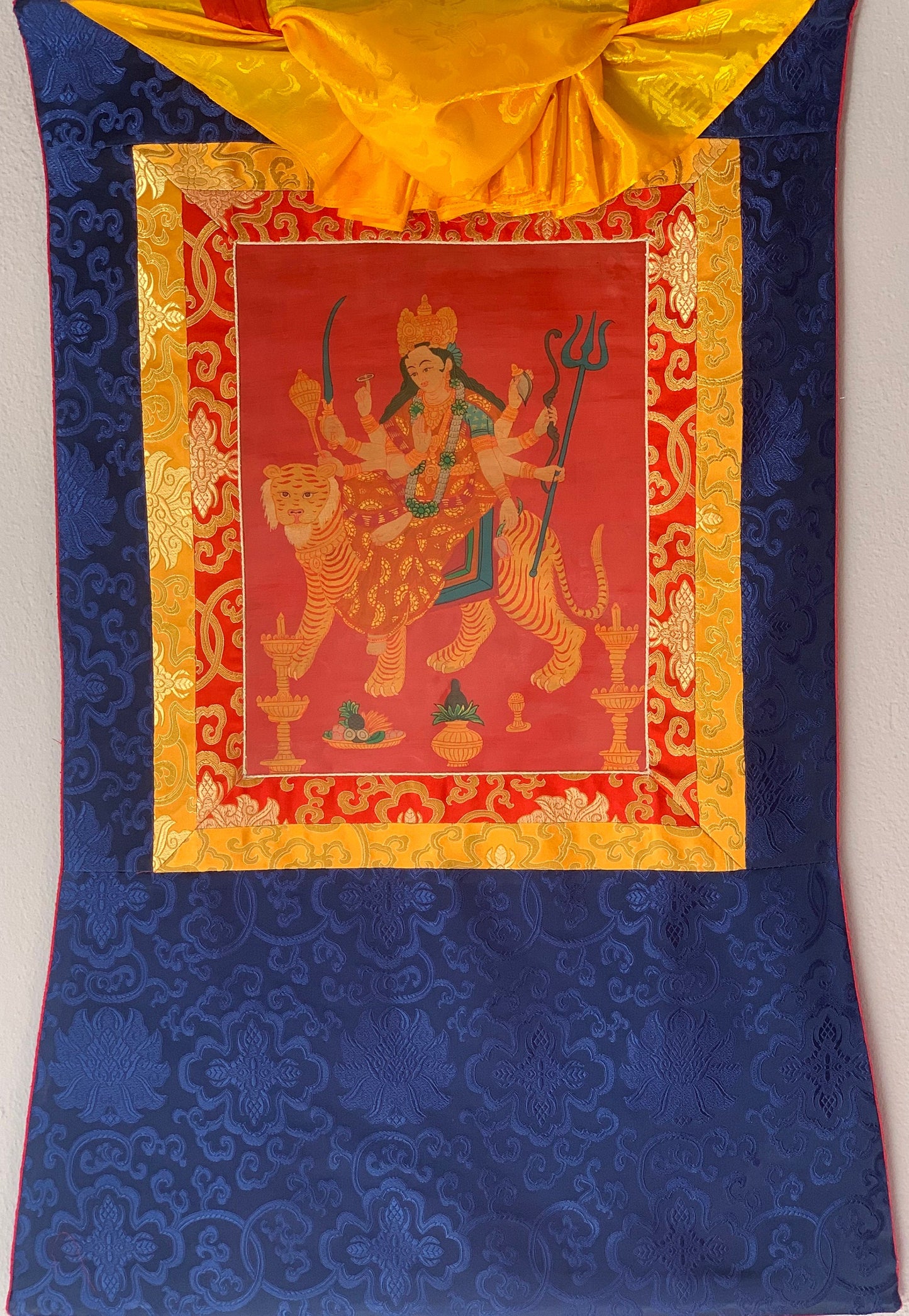 Devi Durga, Jagadamba, Oil Varnished, Thangka Painting, Original Art  with Silk Frame ( Brocade)