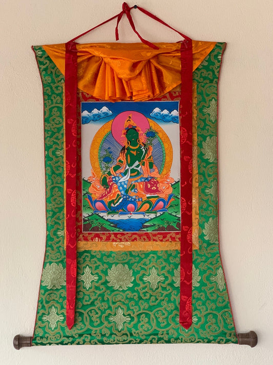 Green Tara/ Shyamatara/ Devine Mother Tibetan Thangka Painting, Original Art, with Green Silk Brocade