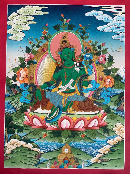 Green Tara, Shyamatara,  Mother Goddess, Master Quality, Thangka Painting, Original, Hand- painted,  Buddhist Healing and Meditation Art