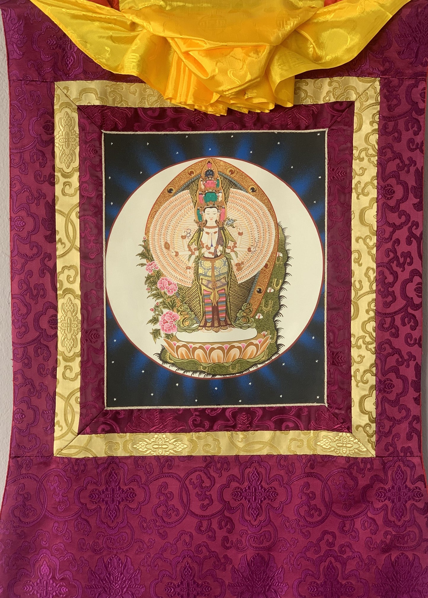 1000 Armed Avalokiteshvara, Chyangresi, Chenrezig, Thangka Painting, Original Art, with Silk Brocade