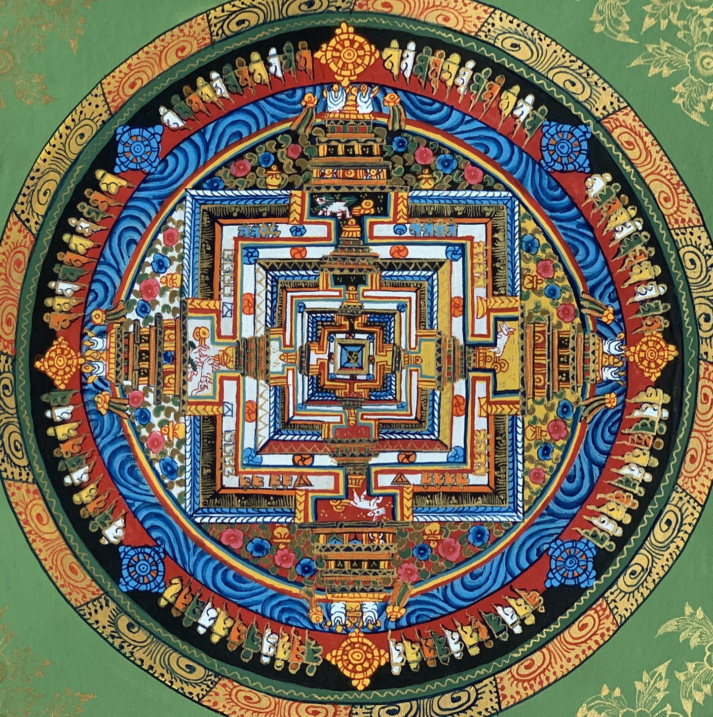 Wheel of Life, Wheel of Time, Kalachakra Mandala, Tibetan Thangka Painting, Original Art  13 x 13 Inch