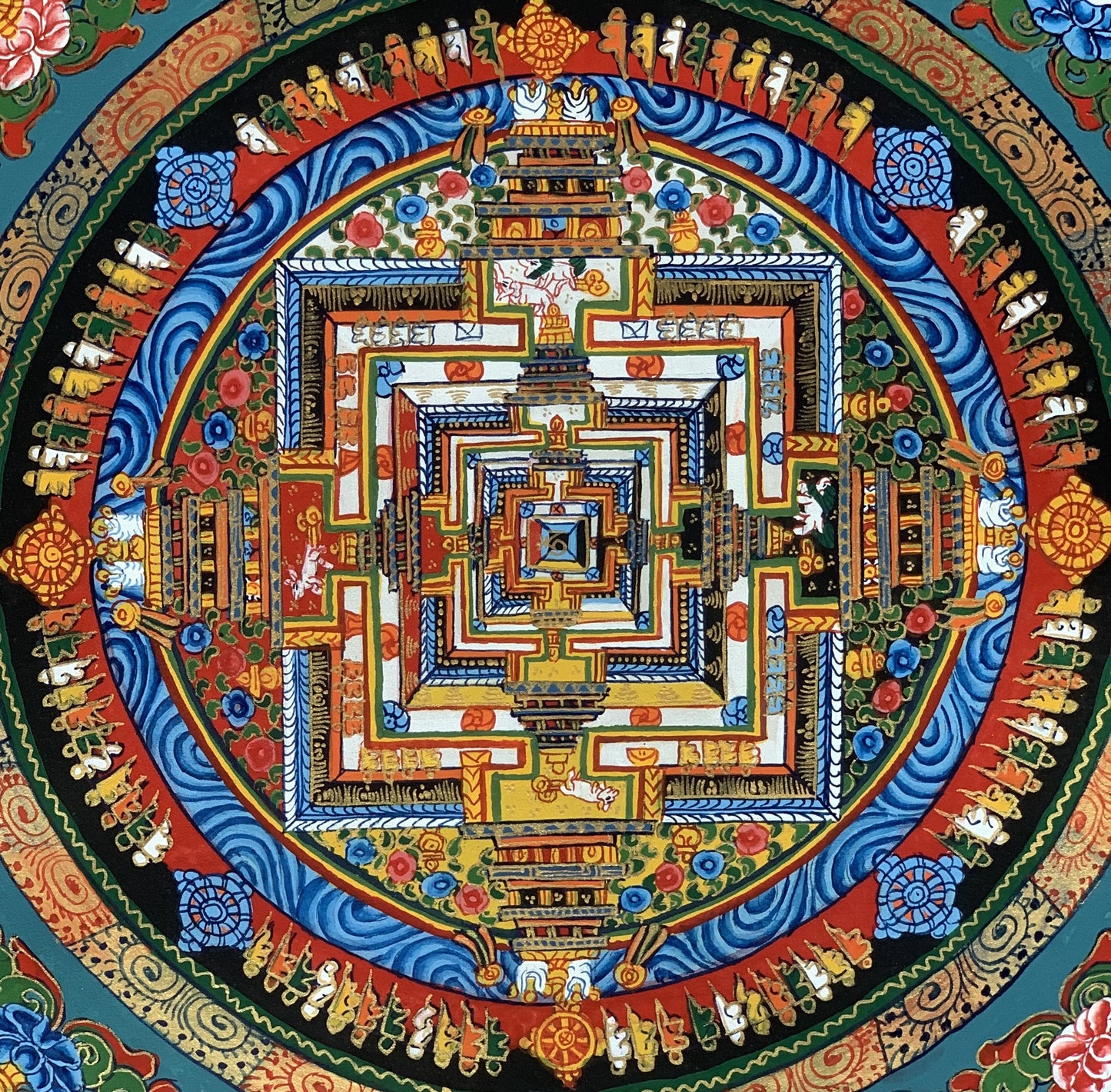 Wheel of Life, Wheel of Time, Kalachakra, Mantra Mandala, Tibetan Thangka Painting, Original Art  13 x 13 Inch