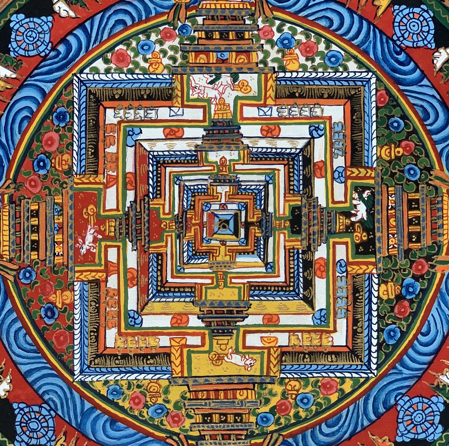 Wheel of Life, Wheel of Time, Kalachakra, Mantra Mandala, Tibetan Thangka Painting, Original Art  13 x 13 Inch