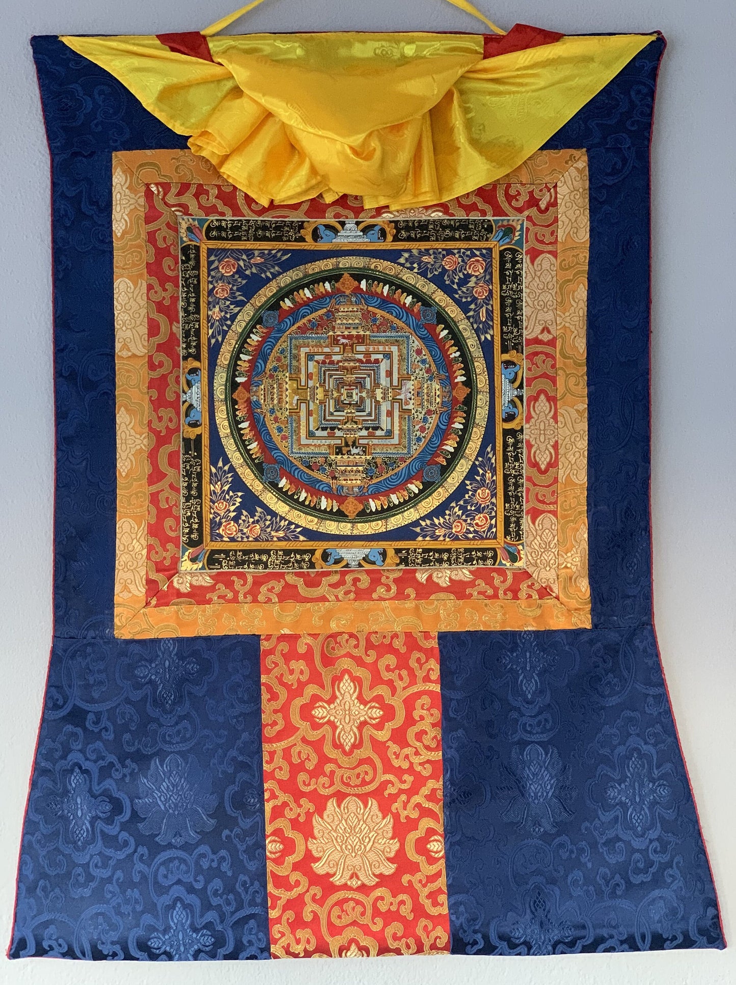 Wheel of Life, Wheel of Time, Kalachakra Om Mantra Mandala, Tibetan Thangka Painting, Original Art  with Silk Frame