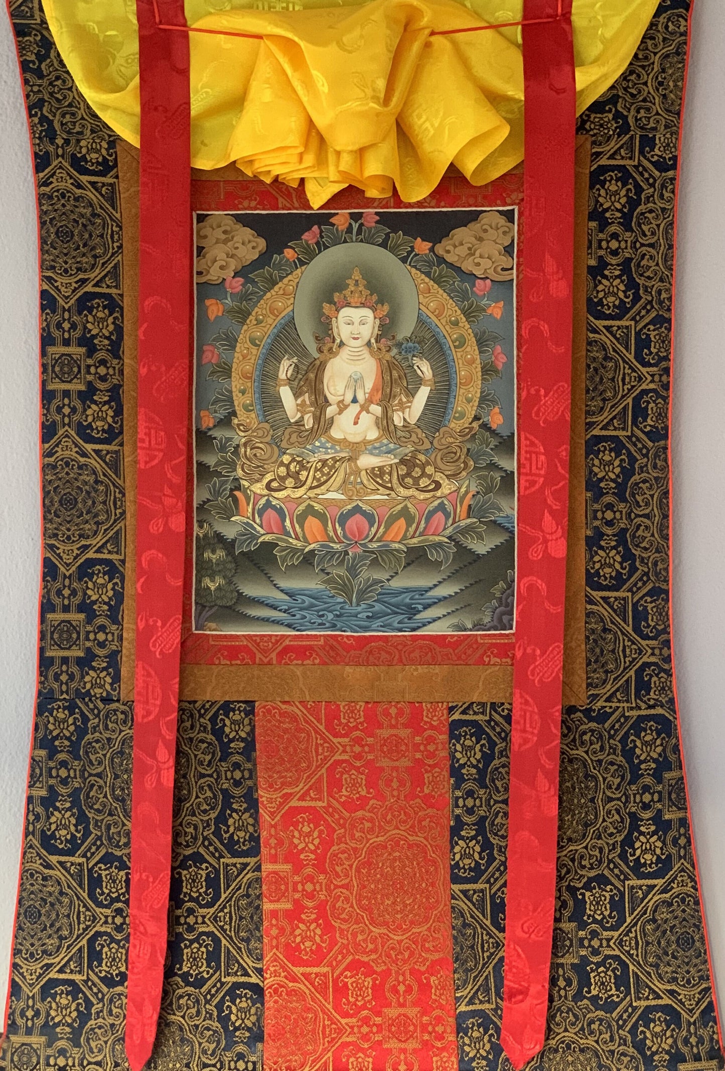 4 Armed Chyangresi, Chenrezig, Avalokiteshvara, Rare, Masterpiece Original Hand Painted Tibetan Thangka Painting with Premium Silk Border