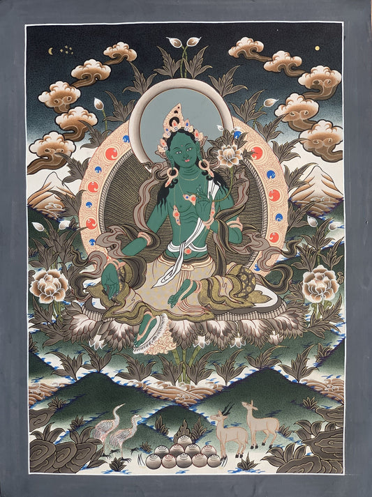 Green  Tara, Shyamatara,  Mother Goddess, Master Quality Thangka Painting, Original Hand Painting  Meditation Art 16 x 22 Inch