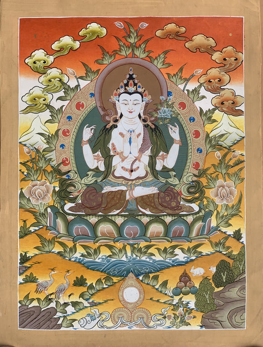 4 Armed Chyangresi/ Chenrezig/ Avalokiteshvara Master Quality Tibetan Thangka Painting, Original Hand Painting Art  16 x 22 Inch