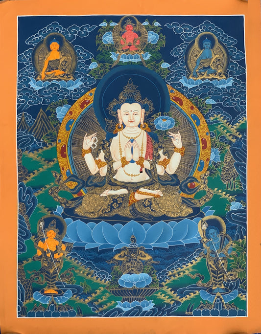 4 -Armed, Chyangresi, Chenrezig, Avalokiteshvara, Master Quality, Tibetan Thangka Painting, Original Hand Painting  18 x 24 Inch
